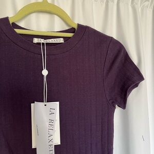 NWT LA Relaxed Organic Cotton Pointelle Deep Purple Ribbed T-Shirt Top